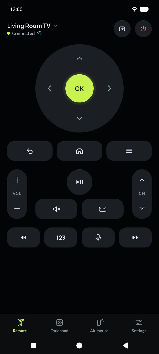 The Remote tab with a D-pad, a green OK button, Back, Home and Menu, and volume and channel rockers.