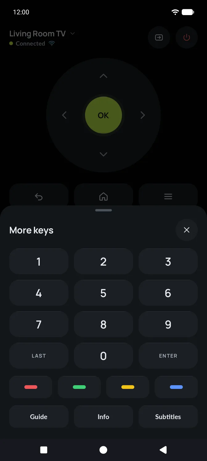 The More keys sheet: number pad, LAST and ENTER, colour keys, Guide, Info and Subtitles.