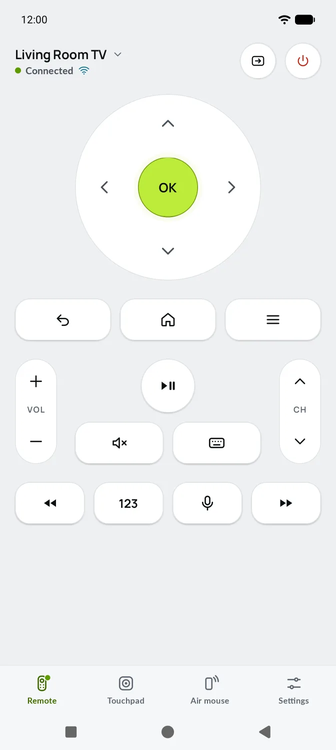 The remote in the light theme: white keys on a cool grey background.